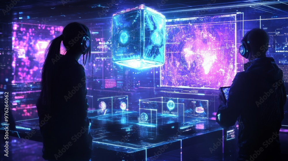 Poster futuristic cyberspace interface with holographic displays and data.