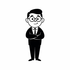 a black and white silhouette of a man in a suit and tie. He is standing with his arms crossed in front of him and is facing towards the left side of the image