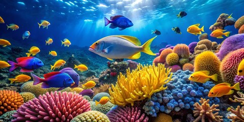 Naklejka premium Underwater Paradise Vibrant Coral Reef with Colorful Fish, Sunlight and Deep Blue Water, Wide Shot, Composition - Tropical Fish, Coral Reef, Underwater World, Ocean Life