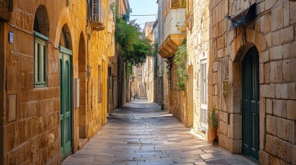 Obraz premium Narrow cobblestone street in a historic European city, lined with old stone buildings and green doors.