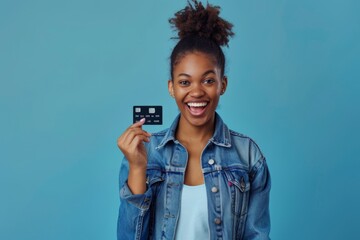 Happy lady with bun in a jeans jacket shows a black bank credit card in her hand.