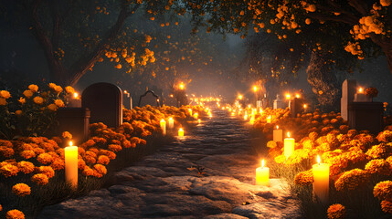 Cemetery at Night with Candlelight and Marigold Flowers for Day of the Dead. AI generative.