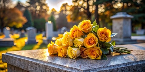 Yellow Roses on a Tombstone, Cemetery, Remembrance, Grief, Memorial