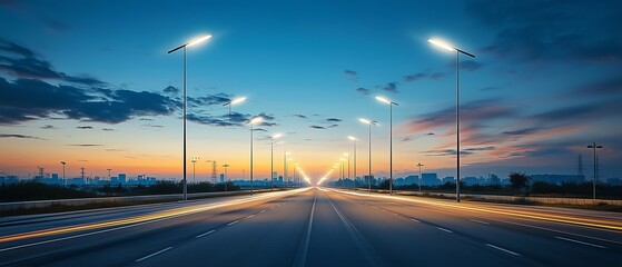 Wind and solarpowered streetlights along a modern road, a gentle breeze flowing through, showcasing the integration of sustainable electricity in urban design