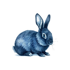 A black and white drawing of a rabbit looking up. bluish black rabbit vector art logo illustration