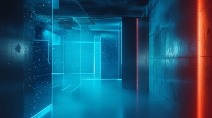 Futuristic Neon Corridor with Blue and Red Lights.