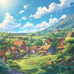 Obraz premium Thunderous Summer Skies: An Anime-Inspired Illustration, Beautiful Blue Skies with Nature, Moon ,Cloud ,Beach scenery, Tree, night -Anime concept Background 