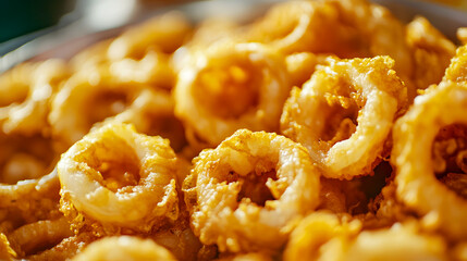 Close-up of golden fried calamari, with crunchy batter and tender squid