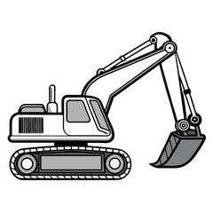 a black and white silhouette of an excavator. The excavator is shown in a side view, with the arm extended upwards and the bucket at the end of the arm