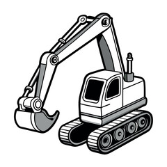 a black and white silhouette of an excavator. The excavator is shown in a side view, with the arm extended upwards and the bucket at the end of the arm