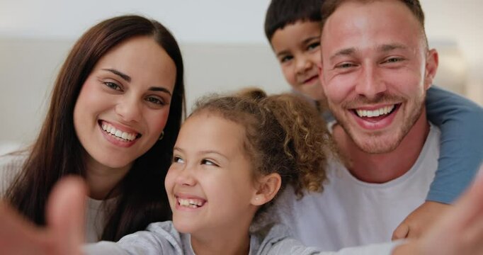 Face, love and happy family with selfie in a bedroom for fun, bond and playing at home together. Portrait, smile and kids with parents in house with profile picture, photography or staycation memory