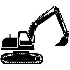 a black and white silhouette of an excavator. The excavator is shown in a side view, with the arm extended upwards and the bucket at the end of the arm
