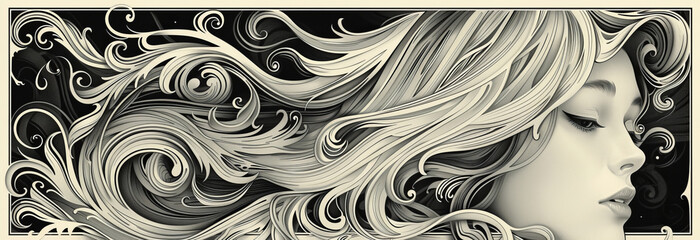 An elegant Art Nouveau inspired illustration featuring woman with flowing hair, intricate swirls, and serene expression. design captures beauty and grace in timeless style