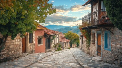 A cobblestone street winds through a quaint village with colorful houses and a mountain backdrop.