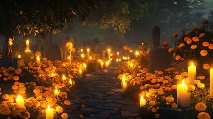 Cemetery at Night with Candlelight and Marigold Flowers for Day of the Dead. AI generative.