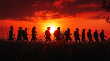 Fototapeta premium Spartan training session at dawn, warriors silhouetted against the rising sun, embodying discipline and commitment.