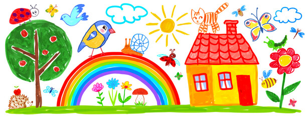 Felt pen hand drawn vector illustrations collection of child drawing of summer landscape with house, rainbow arc and plants