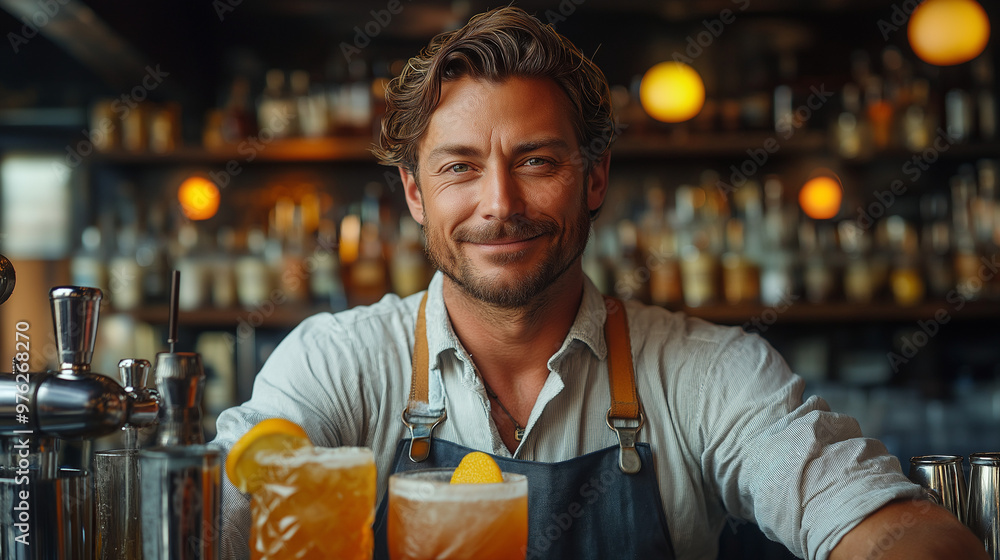 Wall mural stylish brutal barman in a shirt and apron makes a cocktail at bar counter background.