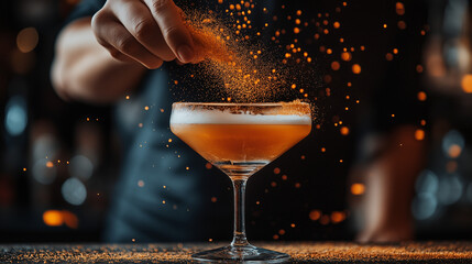 man hand bartender making cocktail in glass on the bar counter