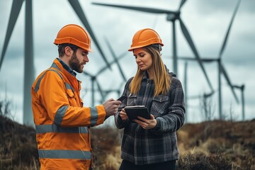 Technicians working on a wind turbine with blades slowly turning in a breeze, reflecting innovation in sustainable electricity
