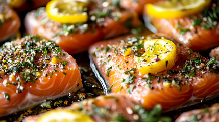 close-up of raw salmon being marinated with herbs and lemon