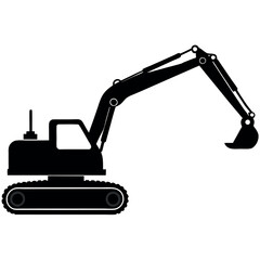 a black and white silhouette of an excavator. The excavator is shown in a side view, with the arm extended upwards and the bucket at the end of the arm