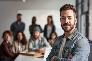 Fototapeta premium A confident young man in a trendy sweater stands before a diverse group in a bright, vibrant office