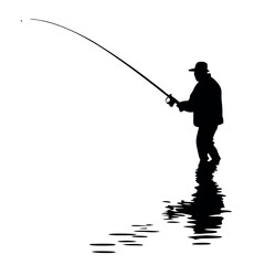 Fototapeta premium a black silhouette of a man fishing. He is standing in the water and is holding a fishing rod with both hands. The man is facing towards the right side of the image and appears to be casting his line 