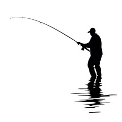 Fototapeta premium a black silhouette of a man fishing. He is standing in the water and is holding a fishing rod with both hands. The man is facing towards the right side of the image and appears to be casting his line 