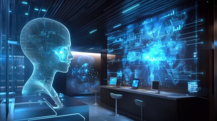 Obraz premium Artificial Intelligence, Futuristic Interior Design, Cyberspace.