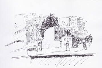 Pen-drawn sketch of a residential area of typical northern Poland urban scenery during the Soviet era. Several multi storey houses connected to each other by different angles. Pen strokes  and lines