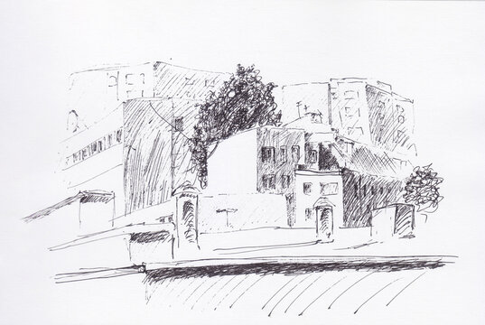 Pen-drawn sketch of a residential area of typical northern Poland urban scenery during the Soviet era. Several multi storey houses connected to each other by different angles. Pen strokes  and lines