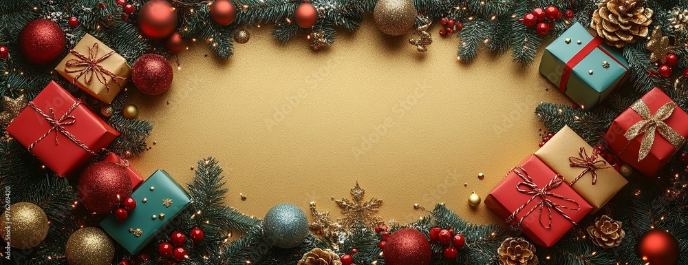 Wall mural Wide Merry Christmas horizontal banner, flat lay with baubles, lights decorated Xmas tree branches, gift boxes on golden decorated background with copy space, festive New Year top view template 