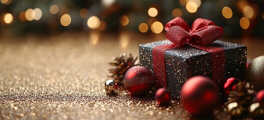 Wide web Christmas horizontal banner with xmas decoration, light golden bokeh, baubles, gift box, copy space. Modern minimal Merry Xmas bright illustration, Happy New Year beautiful blurred background