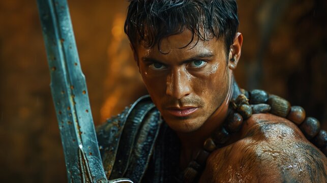 Theseus in the labyrinth, sword drawn, ready to face the Minotaur