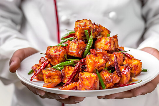 chilli paneer dry made using cottage cheese in hands of chef