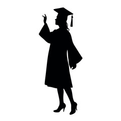 a black silhouette of a person wearing a graduation cap and gown. The person is standing with their left arm raised in the air, as if they are waving or celebrating