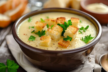 cream soup with croutons in bowl, selective focus