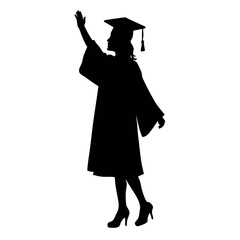 a black silhouette of a person wearing a graduation cap and gown. The person is standing with their left arm raised in the air, as if they are waving or celebrating