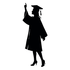 a black silhouette of a person wearing a graduation cap and gown. The person is standing with their left arm raised in the air, as if they are waving or celebrating