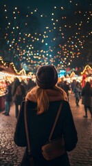 A woman in winter with her back to the camera, standing at an outdoor Christmas market decorated for the holiday season