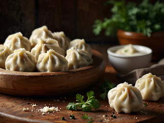 Fototapeta premium Homemade dumplings on a wooden board with garnish and sour cream