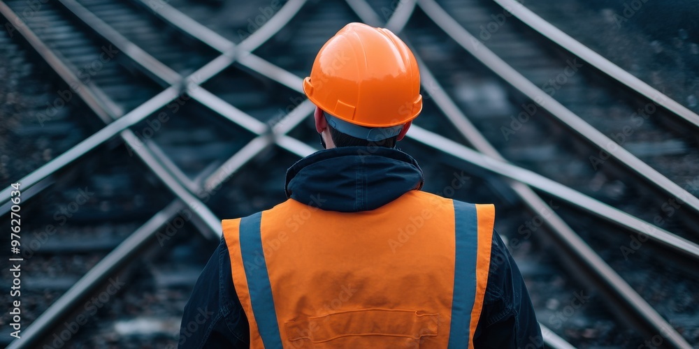 Wall mural a railway worker wearing orange safety gear, including a helmet and a vest, standing near multiple i