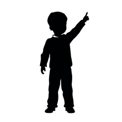 a child standing with their back to the viewer. The child is facing towards the right side of the image and is pointing upwards with their right hand