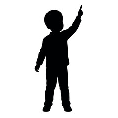 a child standing with their back to the viewer. The child is facing towards the right side of the image and is pointing upwards with their right hand