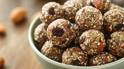 Close-up of energy balls with raisins, almonds, and pumpkin seeds in a bowl.