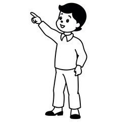 a child standing with their back to the viewer. The child is facing towards the right side of the image and is pointing upwards with their right hand