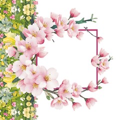 Fototapeta premium Watercolor floral sakura frame. Spring cherry blossom border, isolated on white