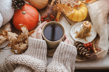Hands in warm sweater holding warm cup of tea and pumpkins, fall leaves and candle on window sill. Autumn hygge, ugc concept. Happy Thanksgiving