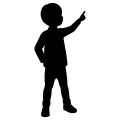 a child standing with their back to the viewer. The child is facing towards the right side of the image and is pointing upwards with their right hand